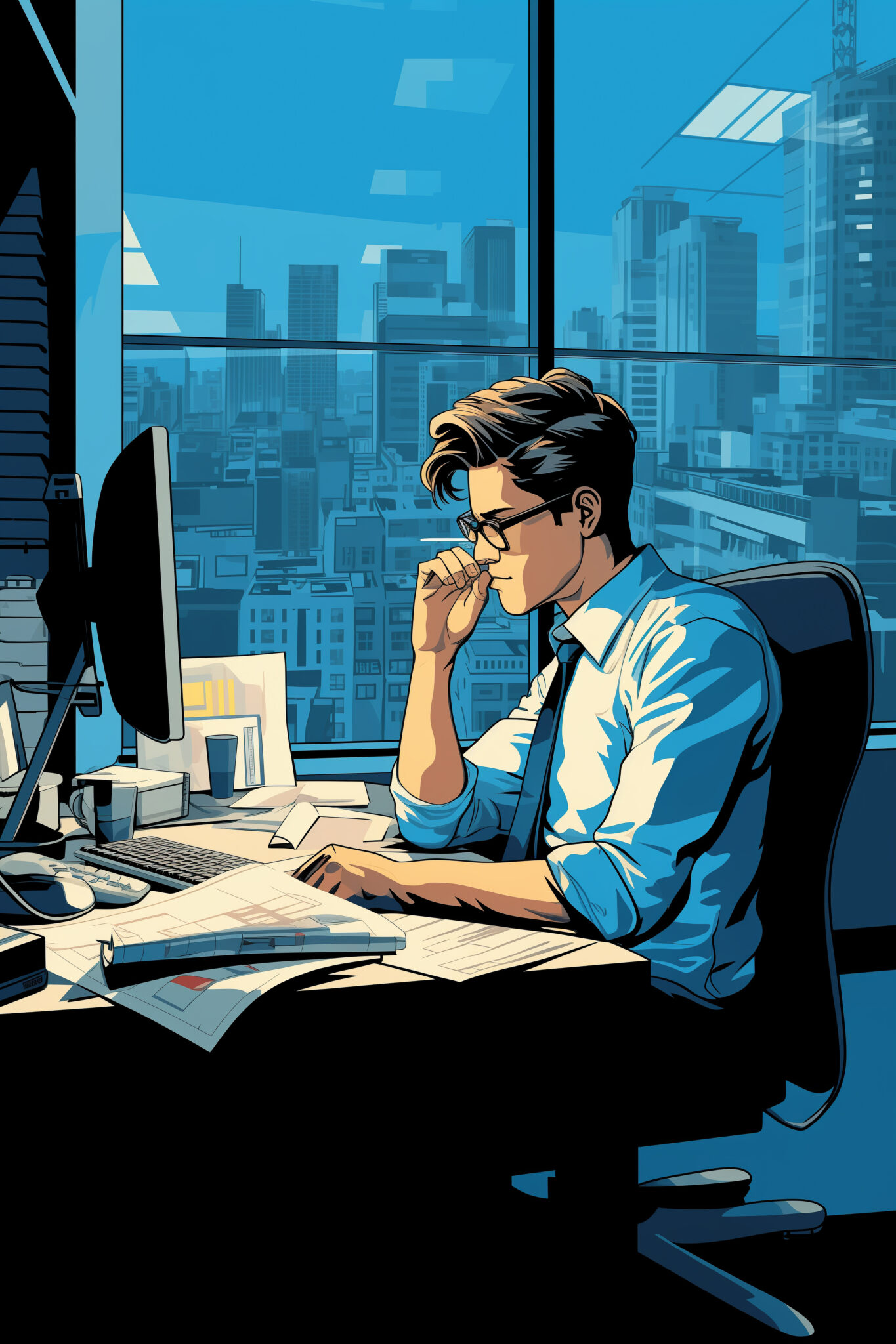a man working in office, comic pop art syle --ar 2:3 --v 5.2 Job ID: 1076b780-2748-426b-8129-b911a11112e6